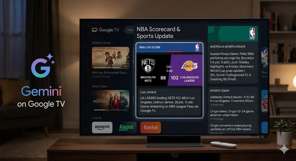 Gemini on Google TV visual features NBA scorecard sports update Australia